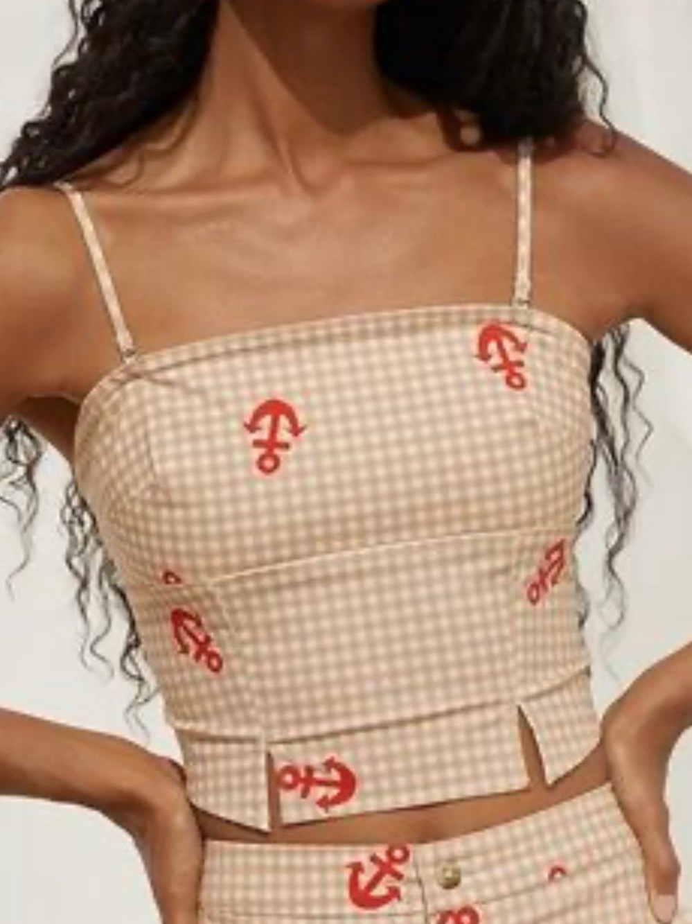 Anthropologie Celandine Smocked Bandeau Top Women M Tan gingham Anchor print NWT